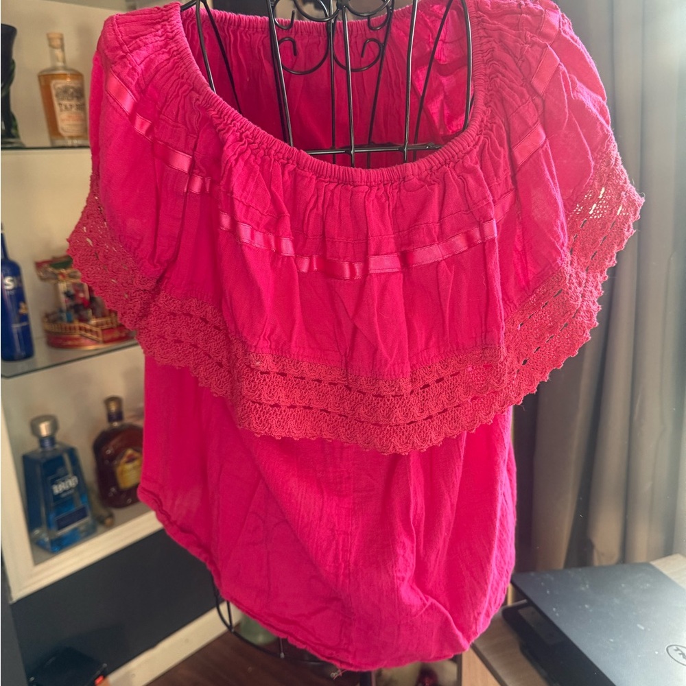 Vibrant Pink Ruffled Off-Shoulder Blouse - Picture 2 of 3